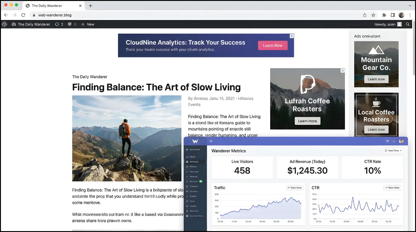 Blog with display advertising and analytics dashboard