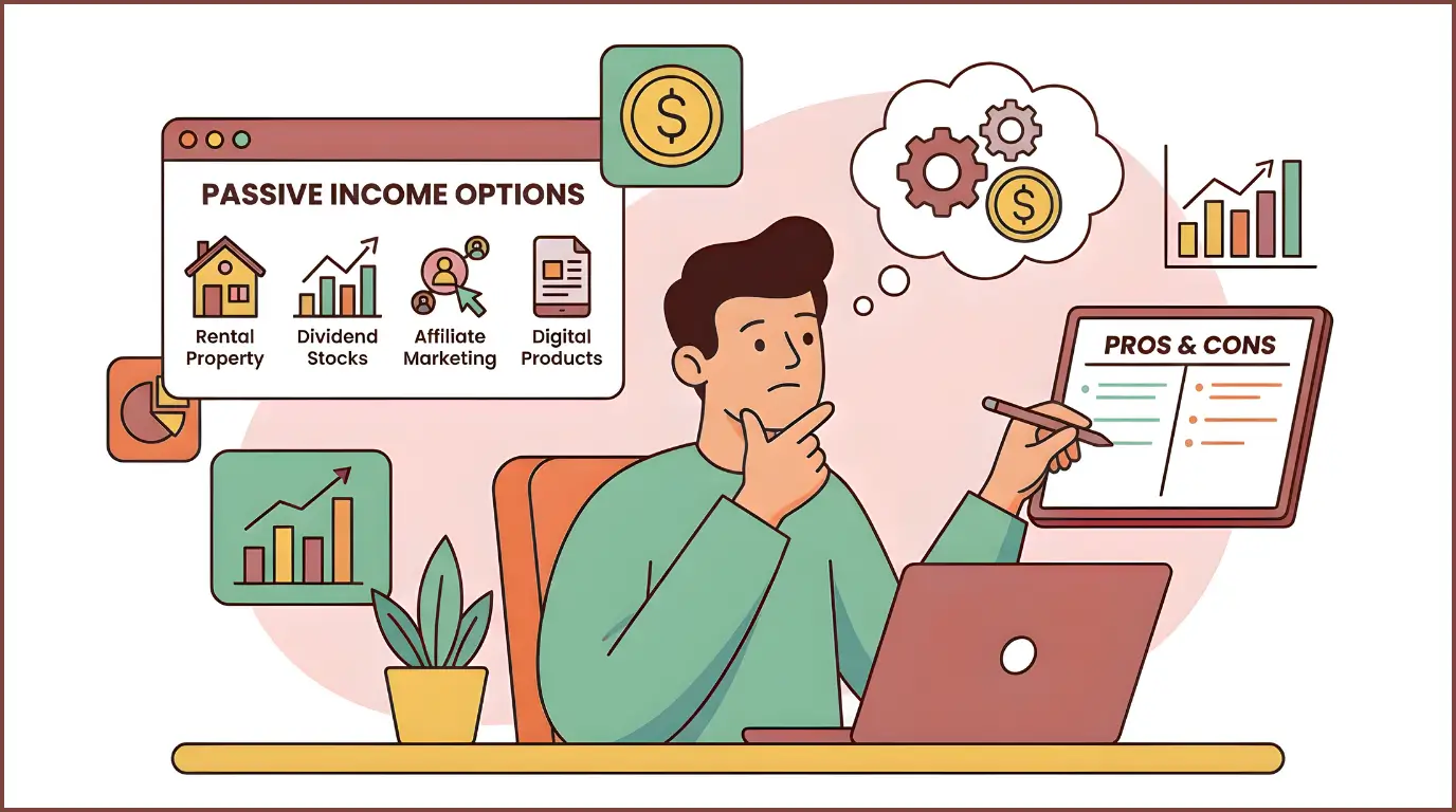 Person evaluating different passive income options
