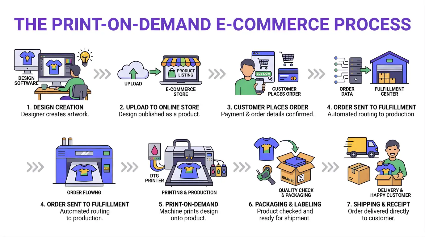 Print-on-demand product designs and fulfillment process